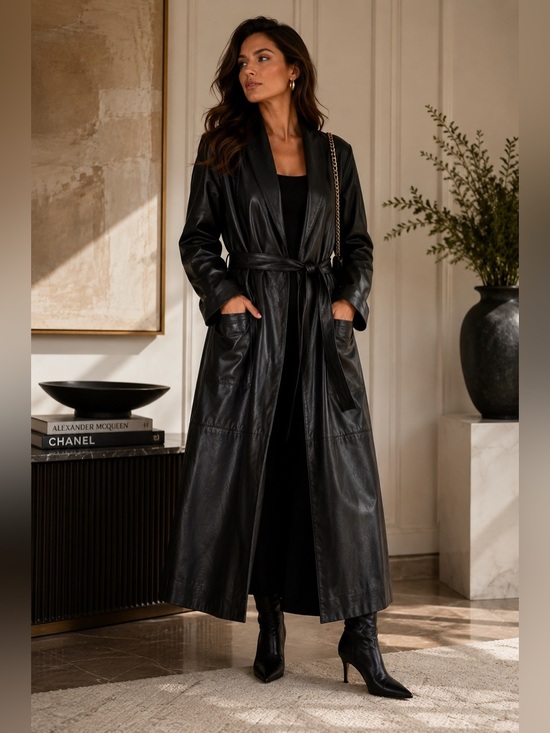 Excelled Collection Jackets & Blazers - Excelled Black Leather Duster Coat L Long Open Front Belted Soft Lamb Leather